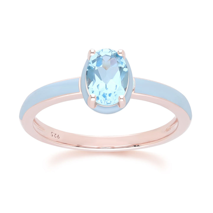 Anillo de esmalte azul y topacio azul cielo ovalado de Vals Siberiano en oro vermeil rosa