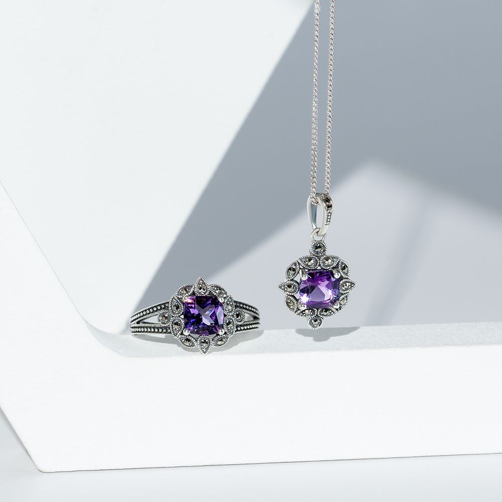 Art Deco Style Cushion Amethyst & Marcasite Pendant Necklace in Sterling Silver