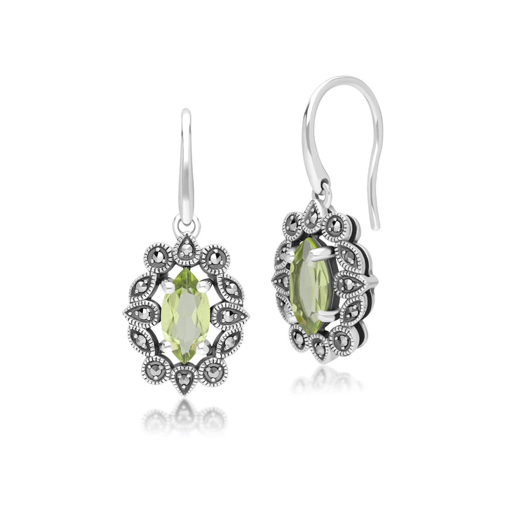 Pendientes colgantes de peridoto y marcasita estilo marquesa en plata de ley estilo art déco
