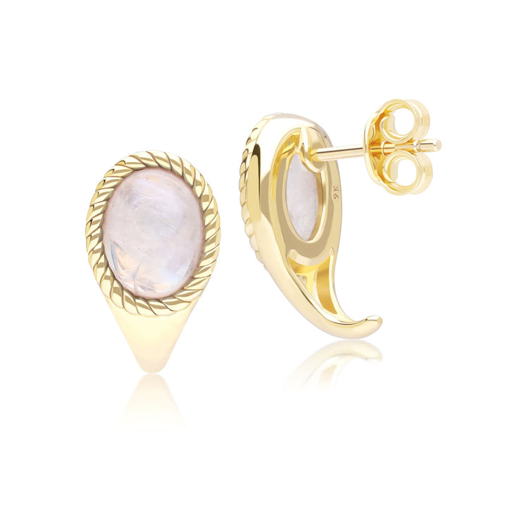 Pendientes clásicos de piedra lunar arcoíris ovalada en oro amarillo de 9 quilates.