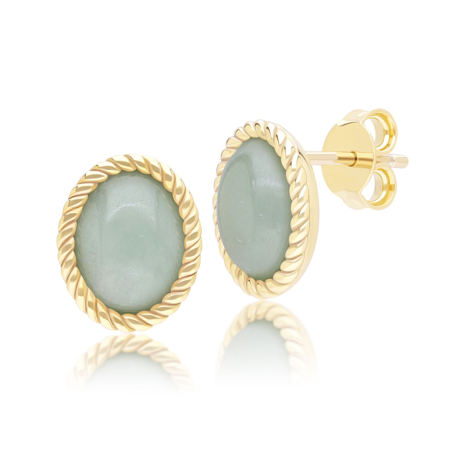 Classic Oval Green Jadeite Stud Earrings in 9ct Yellow Gold