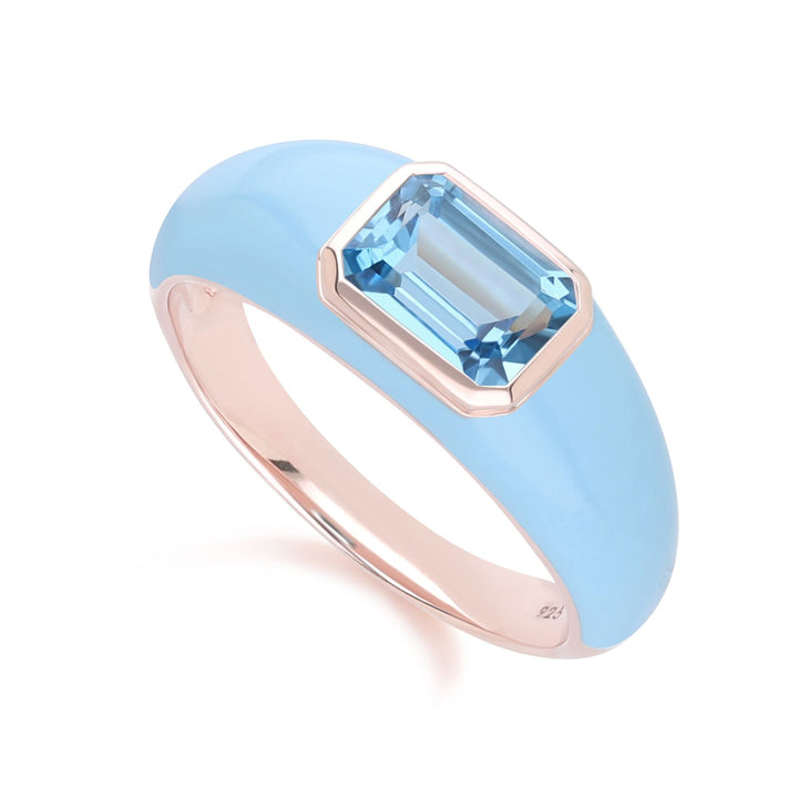 Anillo de esmalte azul y topacio azul cielo octagonal con vals siberiano en oro vermeil rosa