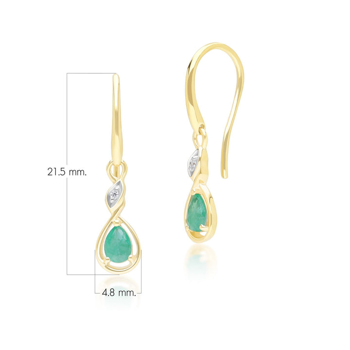 Pendientes clásicos de pera con esmeralda y diamantes en oro amarillo de 9 quilates.