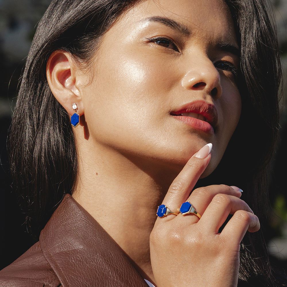Anillo Grand Deco Hexágono Lapislázuli en Oro Vermeil