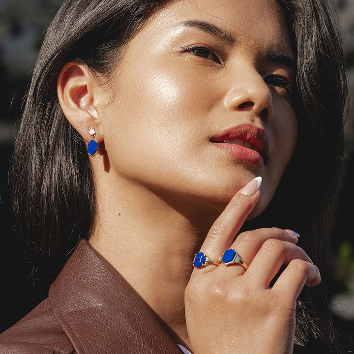 Anillo Grand Deco Hexágono Lapislázuli en Oro Vermeil