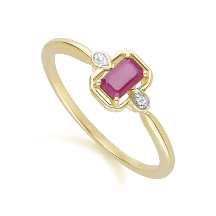 Anillo clásico de rubí baguette y diamantes en oro amarillo de 9 quilates