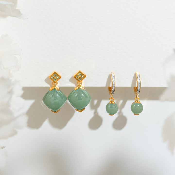Aretes estilo bohemio con cabujón de jade y peridoto de talla cojín en plata de ley 925 chapada en oro