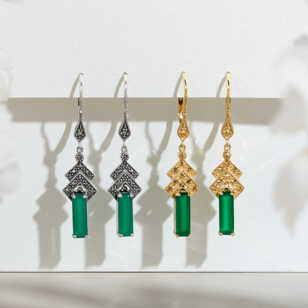 Aretes colgantes rectangulares estilo Art Déco de calcedonia verde y marcasita en plata