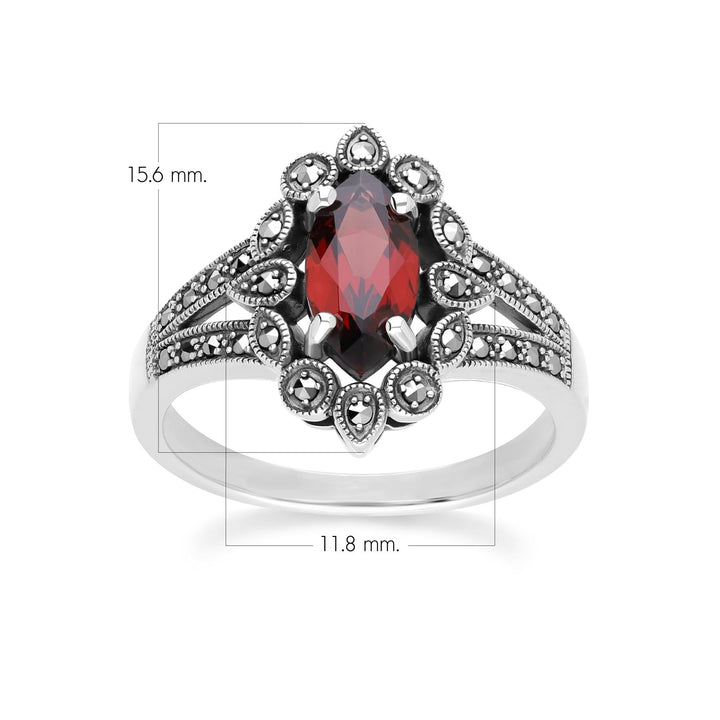 Anillo estilo Art Déco con granate marquesa y marcasita en plata de ley