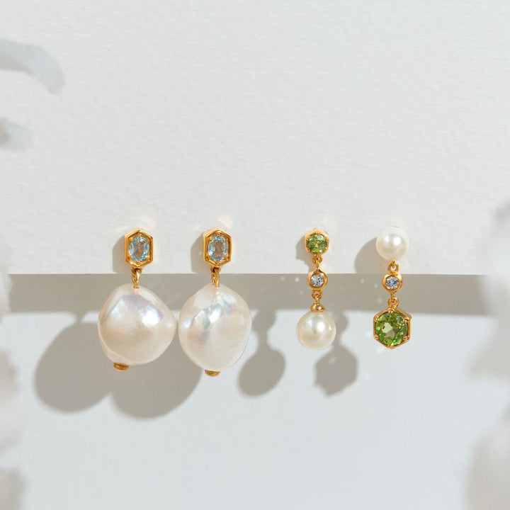 Aretes colgantes no combinados modernos de perla, peridoto y topacio en plata chapada en oro
