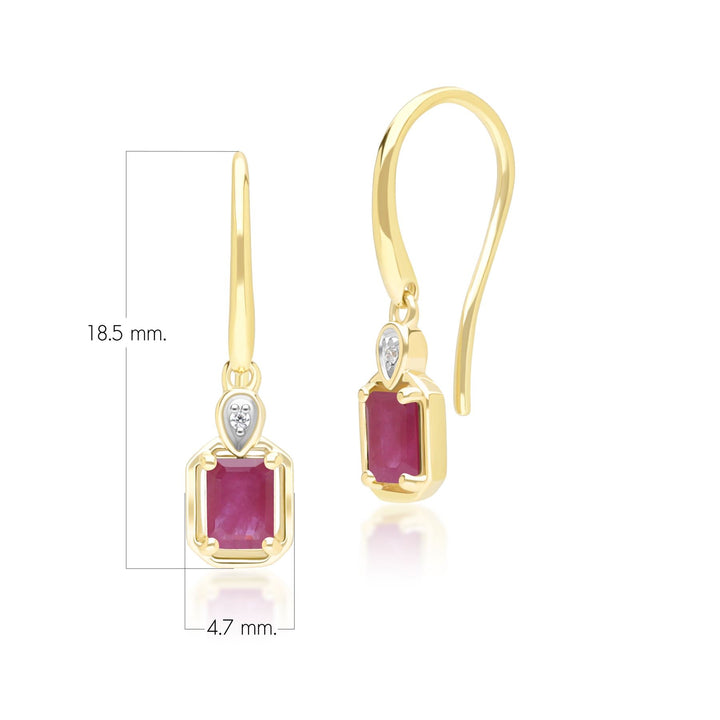Pendientes colgantes clásicos de rubí baguette y diamantes en oro amarillo de 9 quilates