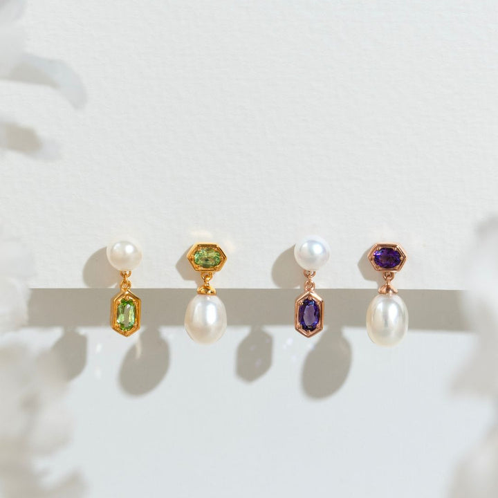 Aretes colgantes no coincidentes modernos de perla y amatista en plata chapada en oro rosa