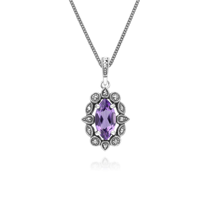 Collar con colgante de amatista y marcasita estilo marquesa en plata de ley estilo art déco.