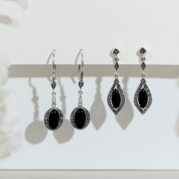 Aretes colgantes con halo de marcasita y ónix negro marquesa Art Déco en plata de ley 925