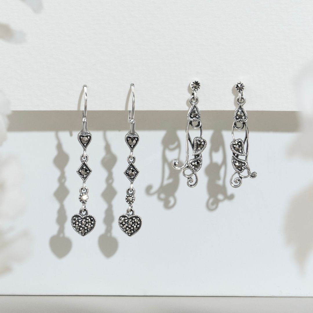 Aretes colgantes de corazón con pavé de marcasita redondo estilo Art Deco en plata de ley 925