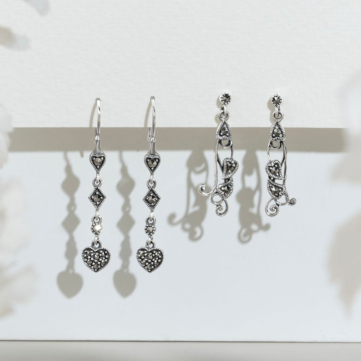 Aretes colgantes de corazón con pavé de marcasita redondo estilo Art Deco en plata de ley 925
