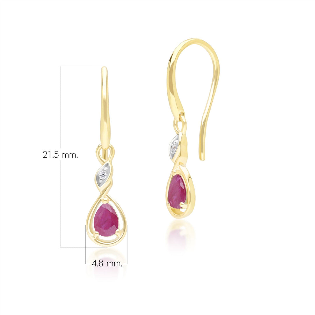 Pendientes colgantes clásicos de rubí y diamantes en forma de pera en oro amarillo de 9 quilates