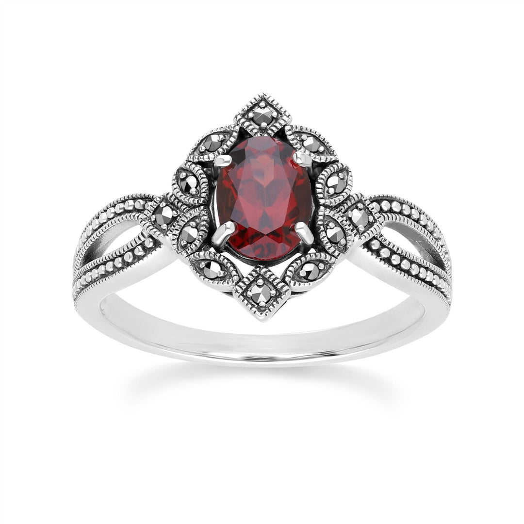 Anillo ovalado de granate y marcasita estilo art déco en plata de ley