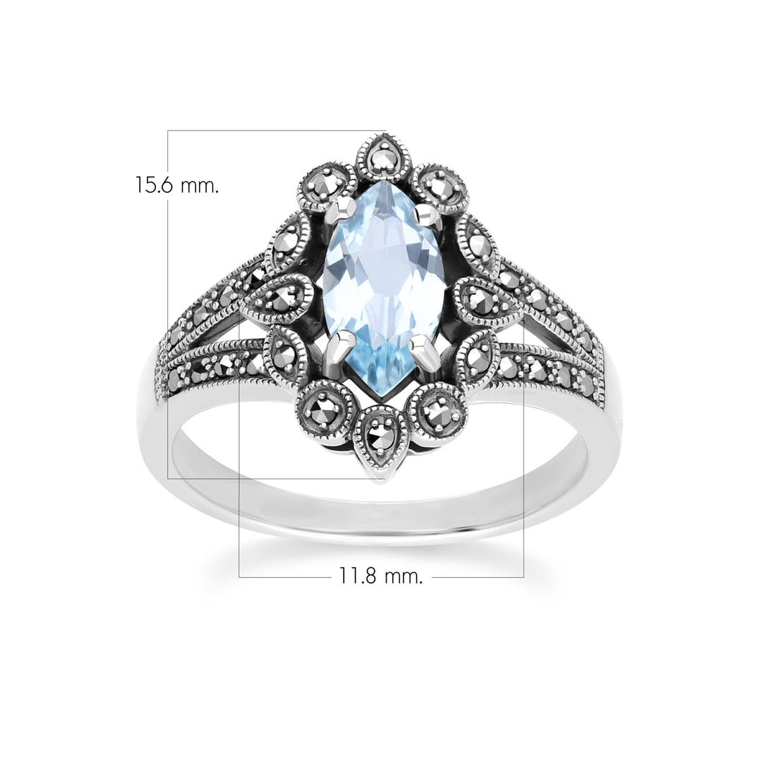 Anillo de topacio azul marquesa y marcasita estilo art déco en plata de ley