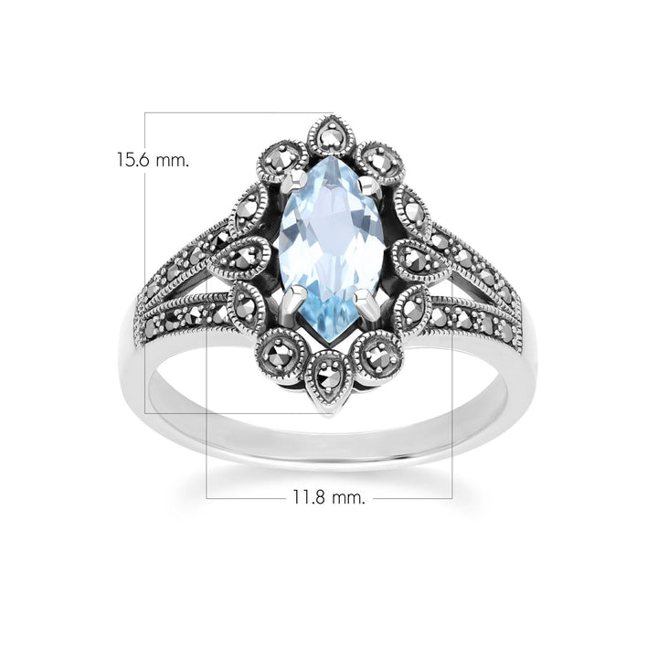 Anillo de topacio azul marquesa y marcasita estilo art déco en plata de ley
