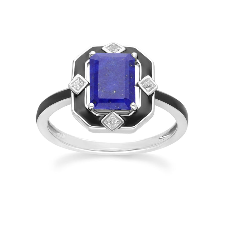 Anillo Grand Deco de esmalte negro, lapislázuli y topacio en plata de ley