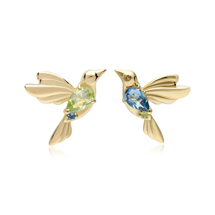 ECFEW™ Peridot and Blue Topaz Hummingbird Stud Earrings in 925 Sterling Silver