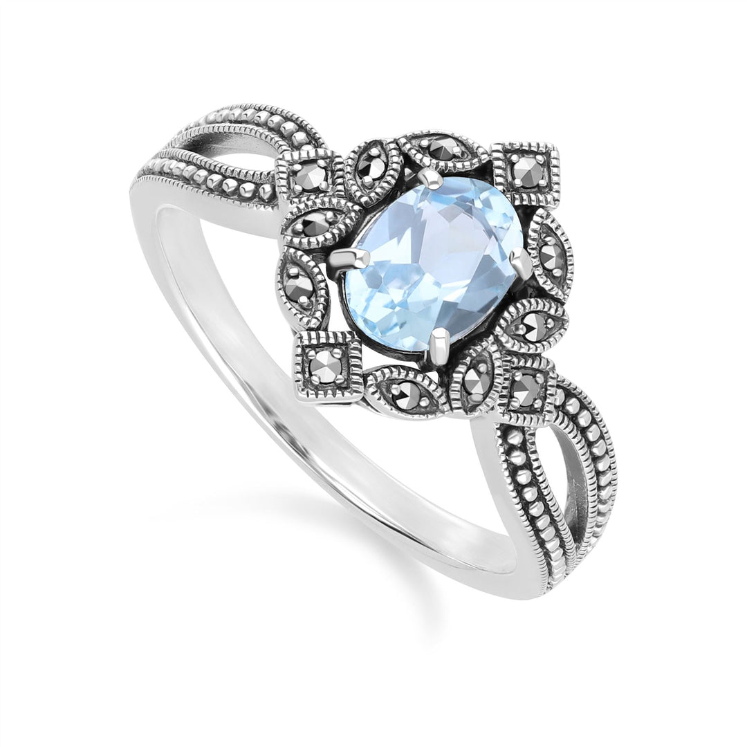 Anillo de topacio azul ovalado y marcasita estilo Art Déco en plata de ley