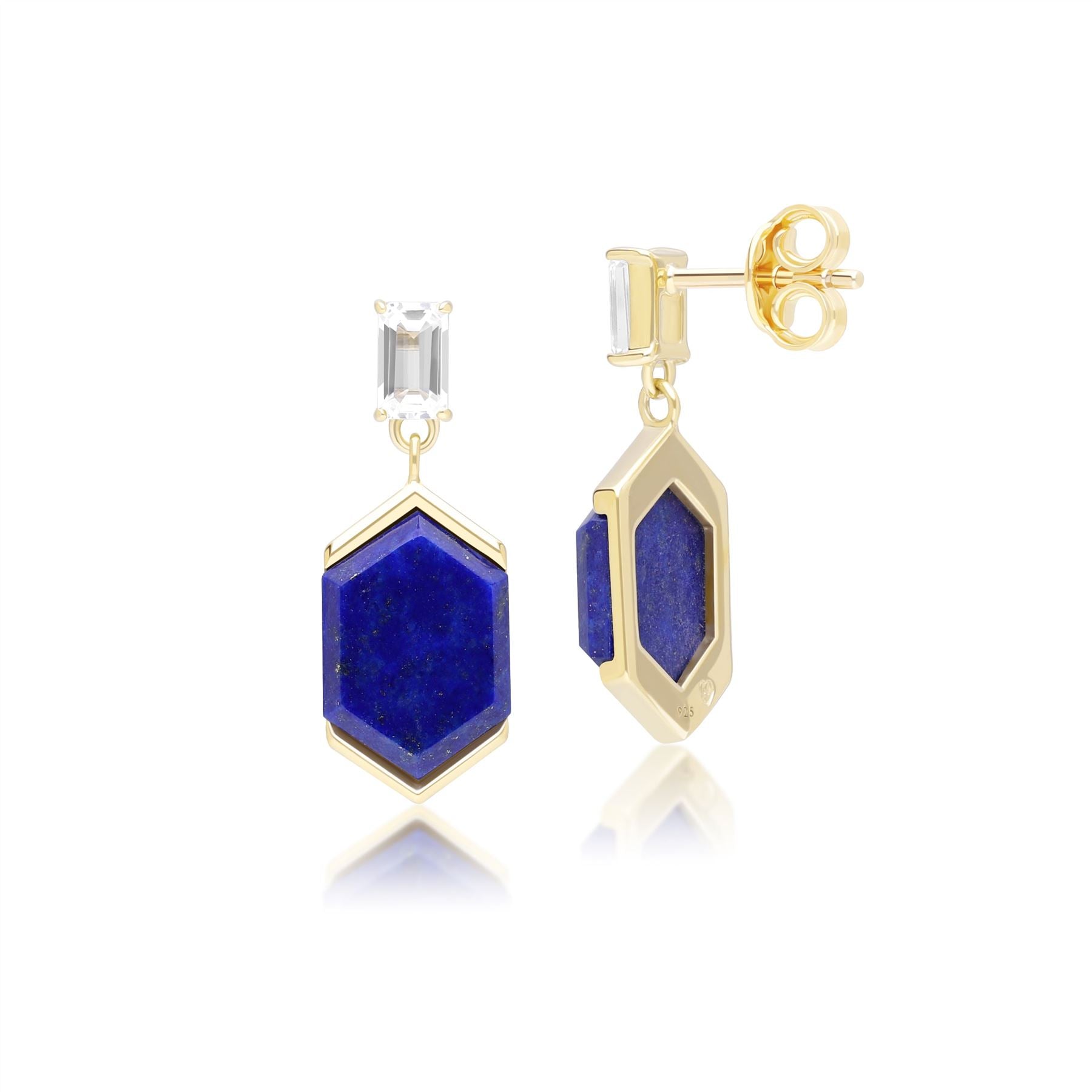 Grand Deco Hexagon Lapis Lazuli & Topaz Drop Earrings in Gold Vermeil