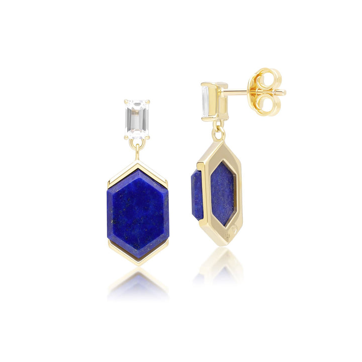 Pendientes colgantes hexagonales Grand Deco de lapislázuli y topacio en oro vermeil