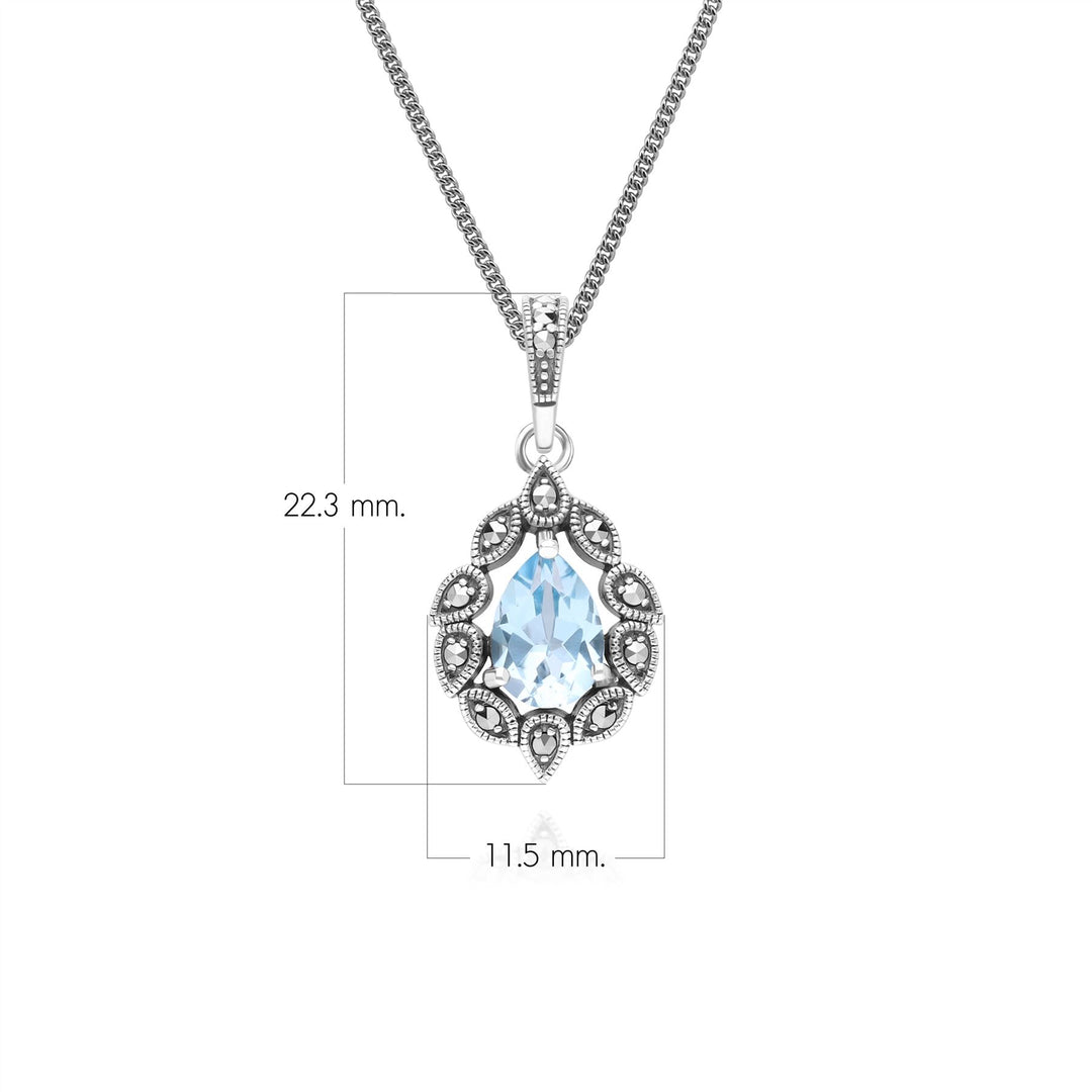 Collar con colgante de topacio azul pera y marcasita estilo Art Déco en plata de ley