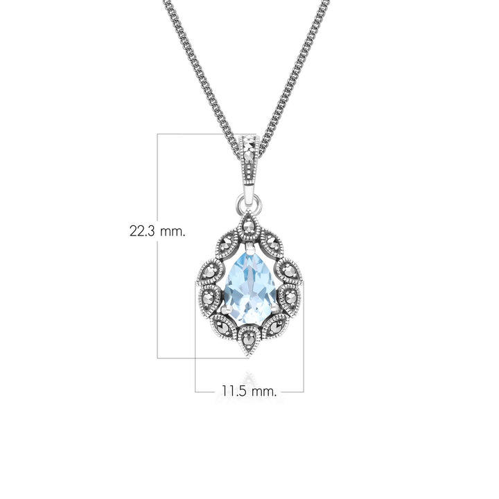 Collar con colgante de topacio azul pera y marcasita estilo Art Déco en plata de ley