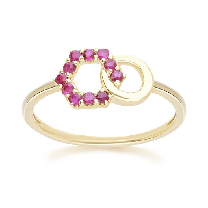 Geometric Hexagon and Round Linked with Prong Set Ruby Ring in 9ct Yellow Gold