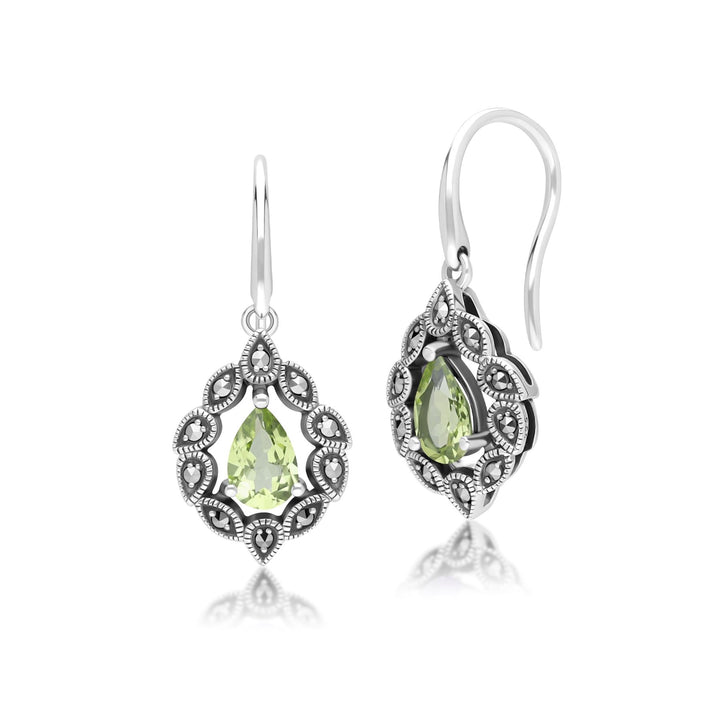 Pendientes colgantes de peridoto y marcasita estilo Art Déco en plata de ley.