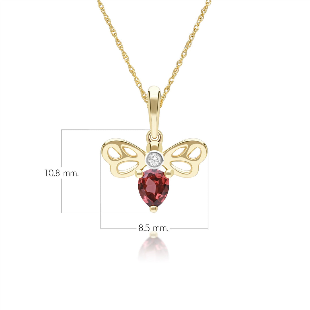 Honeycomb Art Nouveau Pear Shape Garnet and Diamond Bee Pendant Necklace in 9ct Yellow Gold