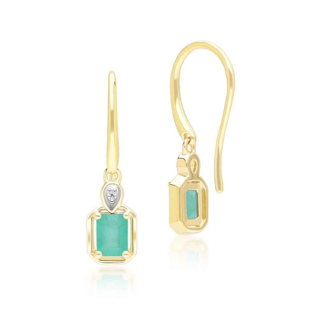 Pendientes colgantes clásicos de esmeralda baguette y diamantes en oro amarillo de 9 quilates