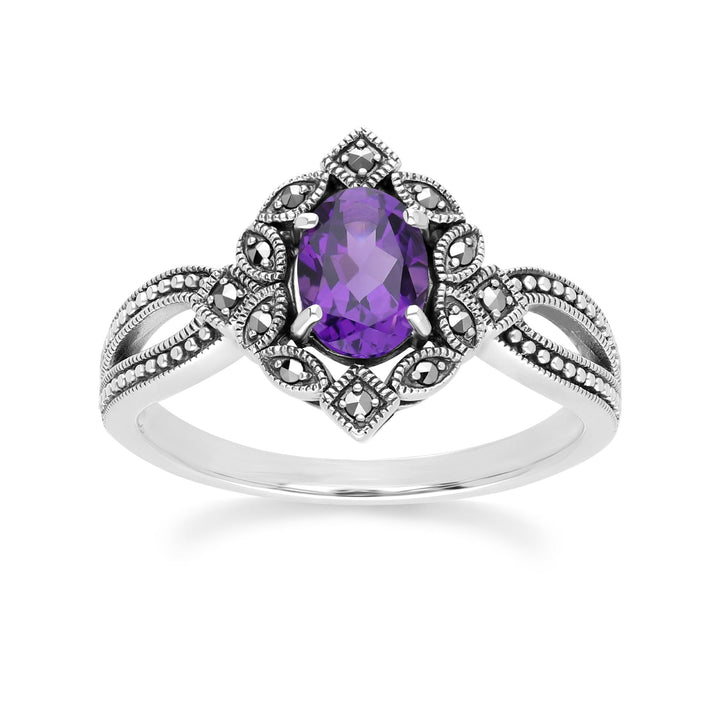 Anillo ovalado de amatista y marcasita estilo art déco en plata de ley