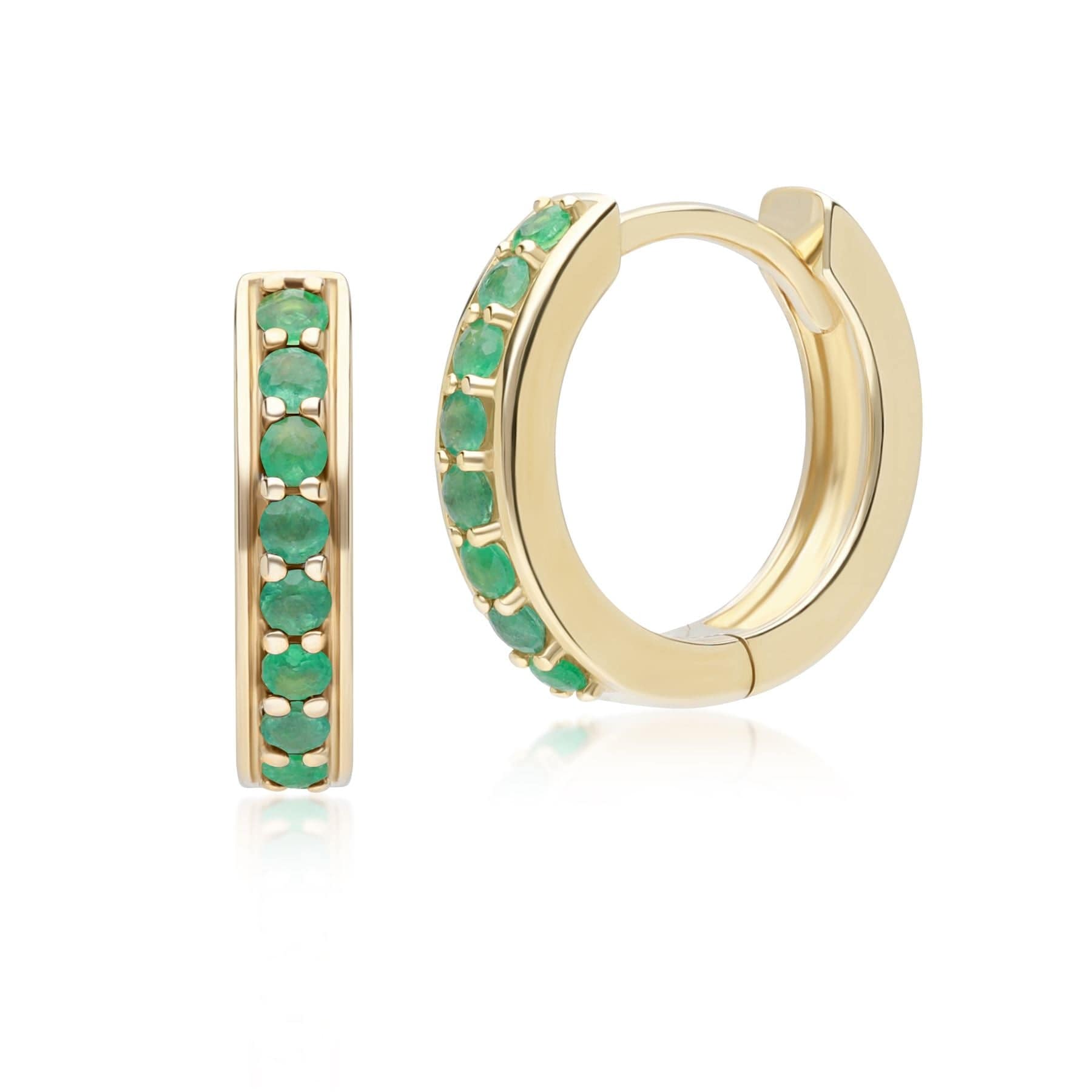 132E2846039 Classic Emerald Huggie Hoop Earrings in 9ct Yellow Gold Front