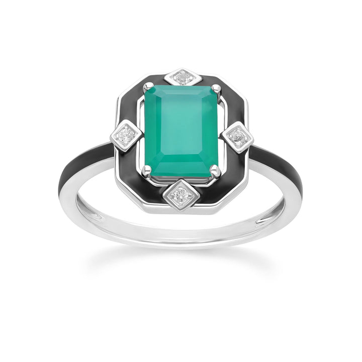 Anillo Grand Deco de esmalte negro, calcedonia verde y topacio en plata de ley
