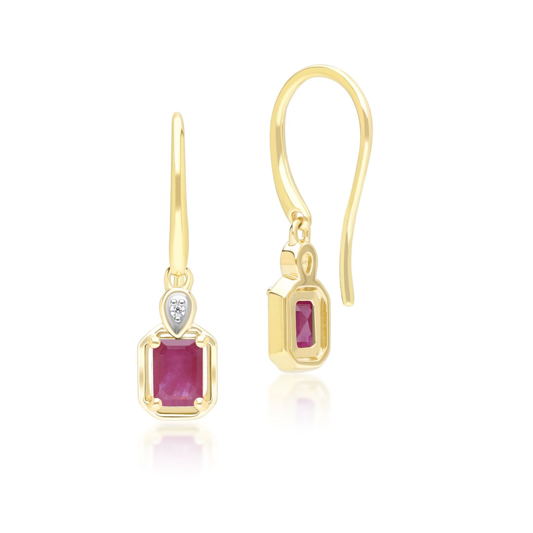Pendientes colgantes clásicos de rubí baguette y diamantes en oro amarillo de 9 quilates