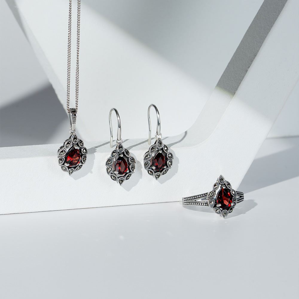 Art Deco Style Pear Garnet & Marcasite Pendant Necklace in Sterling Silver
