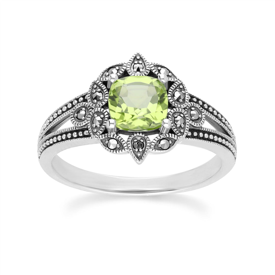 Anillo Art Déco de peridoto y marcasita en plata de ley