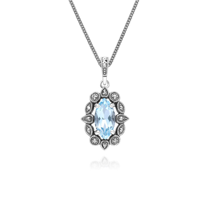 Collar con colgante de topacio azul marquesa y marcasita estilo art déco en plata de ley.