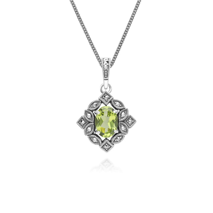 Collar con colgante ovalado de peridoto y marcasita estilo art déco en plata de ley.