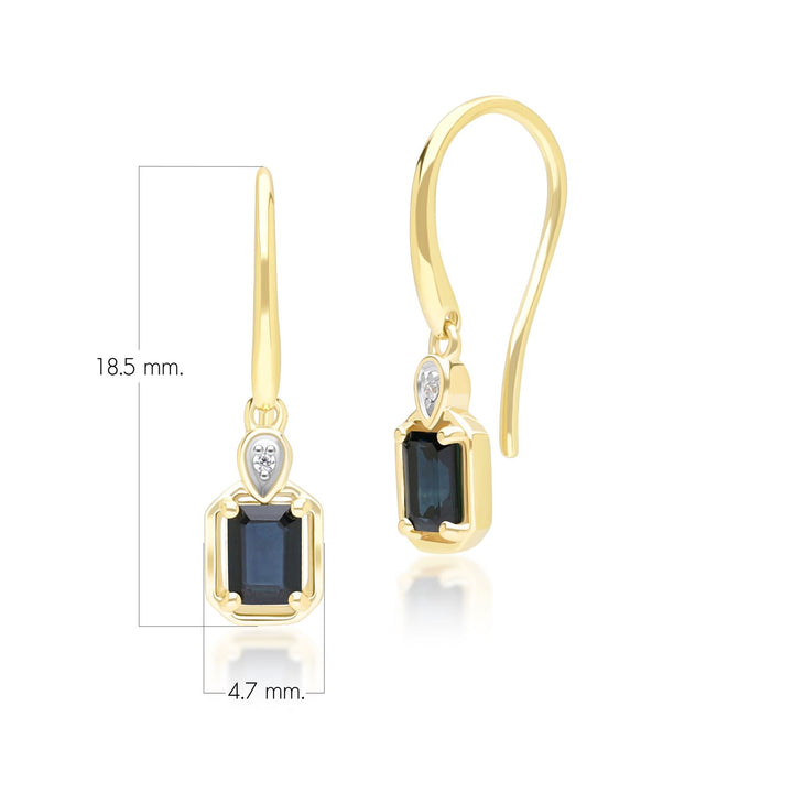 Pendientes colgantes clásicos de zafiro baguette y diamantes en oro amarillo de 9 quilates