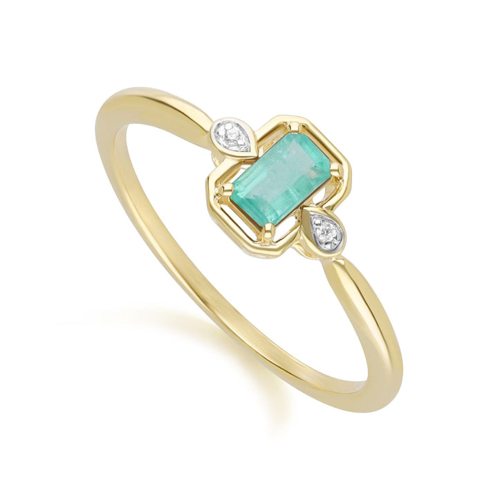 Anillo clásico de esmeralda baguette y diamantes en oro amarillo de 9 quilates
