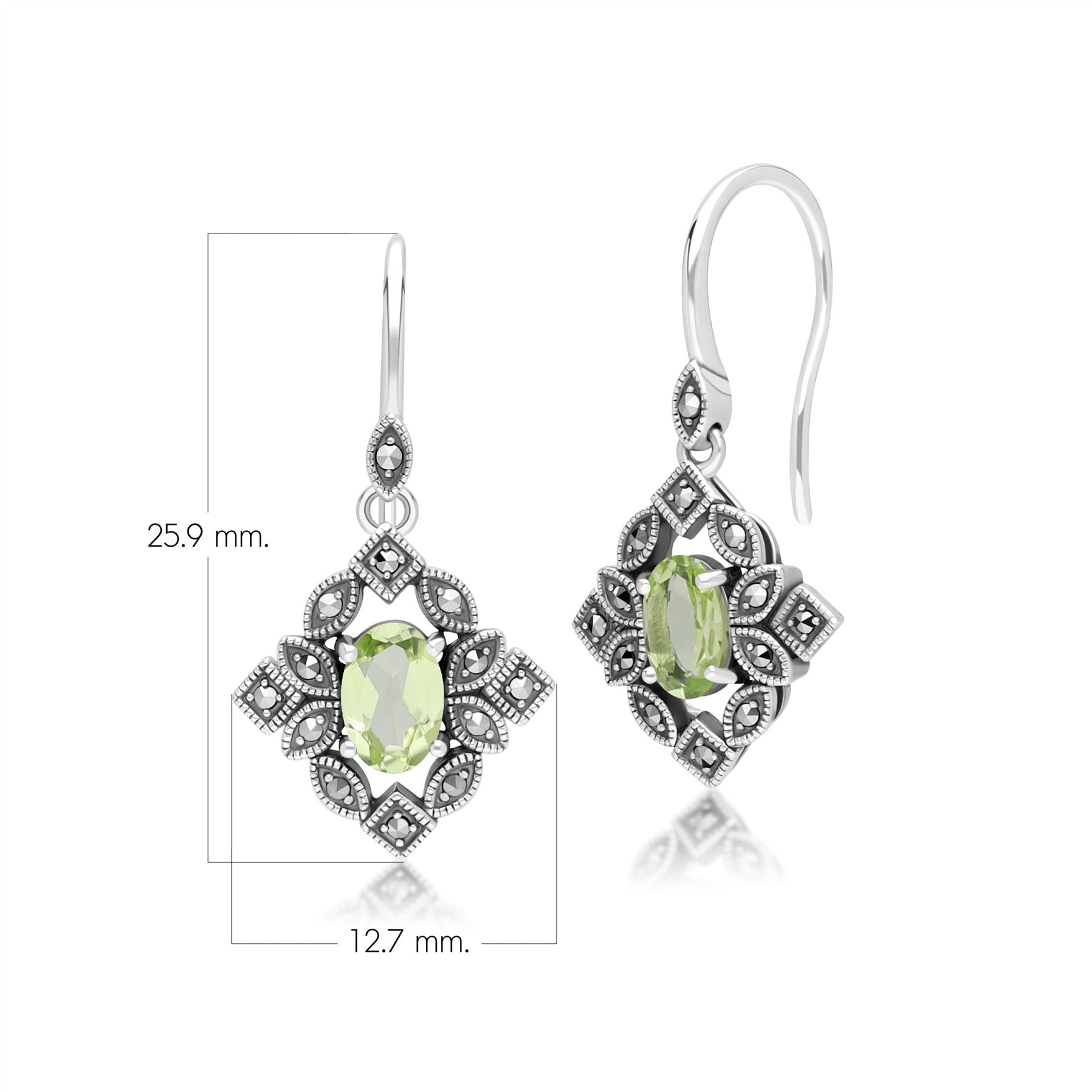 Art Deco Style Oval Peridot & Marcasite Drop Earrings in Sterling Silver