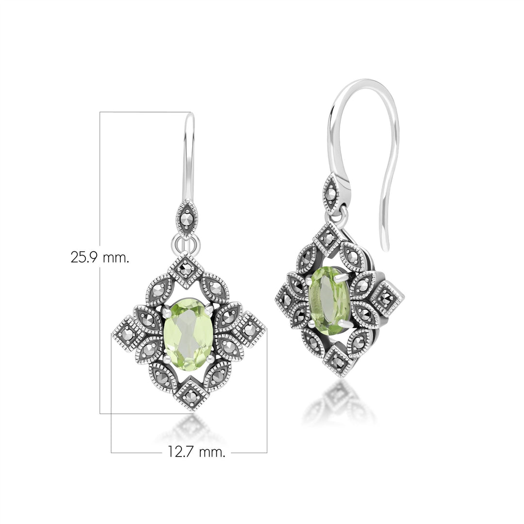 Pendientes colgantes de peridoto y marcasita ovalados estilo art déco en plata de ley