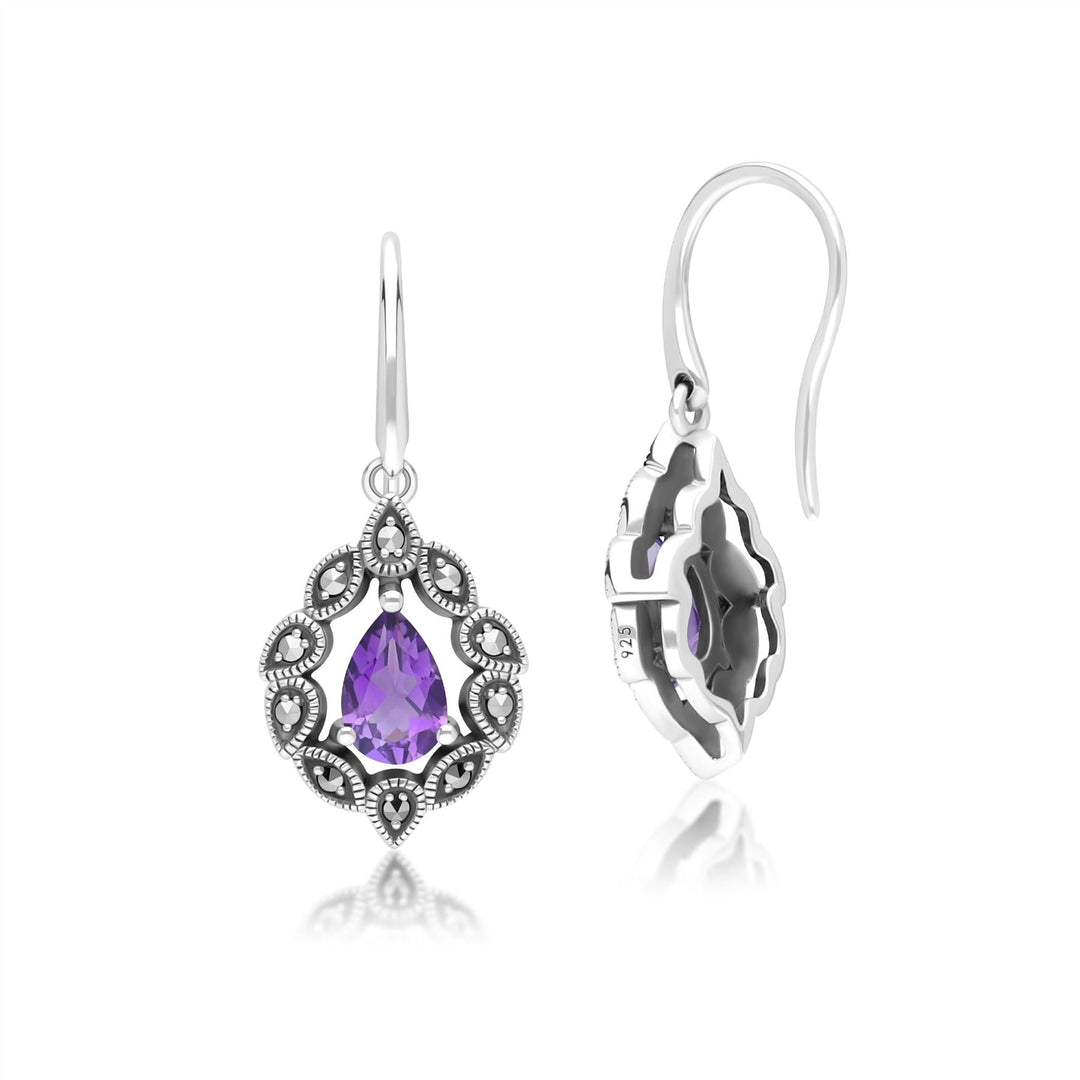 Pendientes colgantes de amatista y marcasita estilo Art Déco en plata de ley.