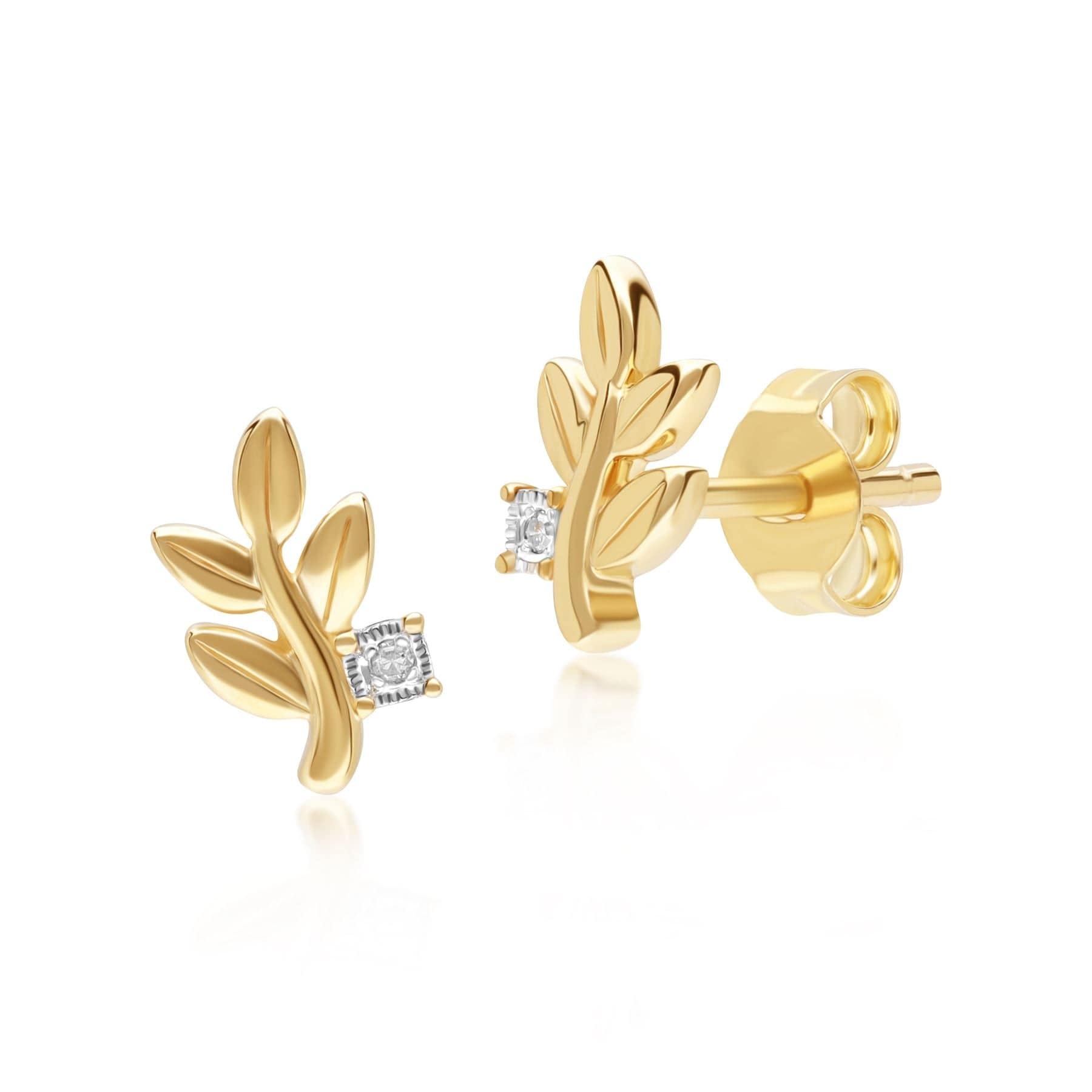 191E0436019 O leaf Diamond Stud Earrings In 9ct Yellow Gold Front