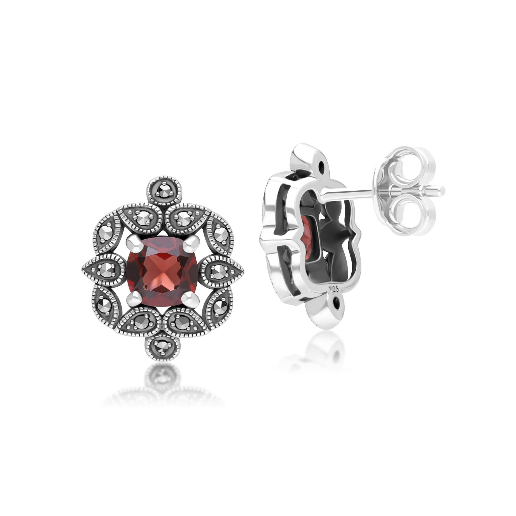 Art Deco Style Cushion Garnet & Marcasite Stud Earrings in Sterling Silver